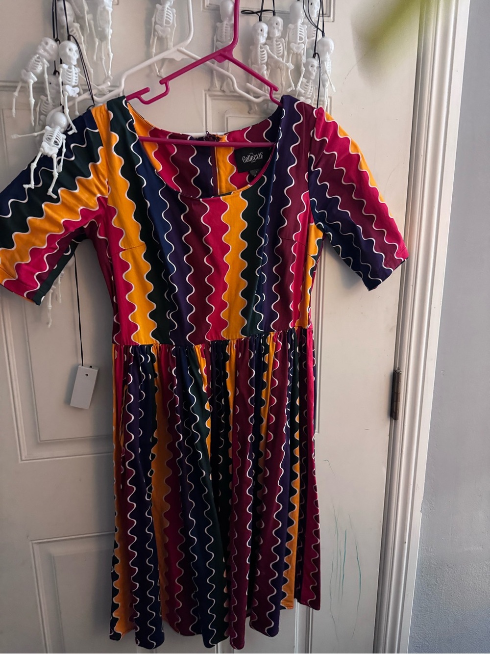 Collecting London Women's Midi Dress in Pink, Yellow & Navy Wave Stripe